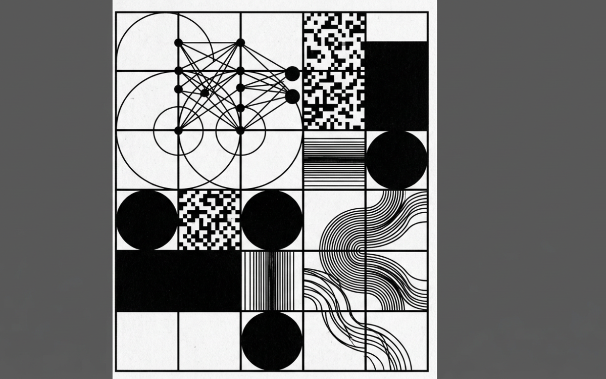Nodos de red neuronal y patrón generativo en blanco y negro sobre retícula