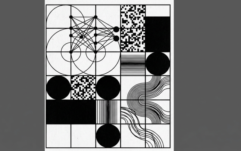 Nodos de red neuronal y patrón generativo en blanco y negro sobre retícula