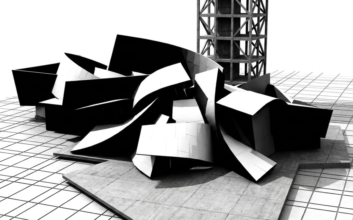 Museo escultórico en planos Swiss blanco y negro