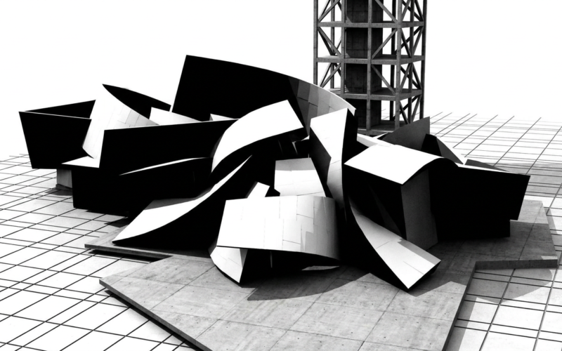 Museo escultórico en planos Swiss blanco y negro