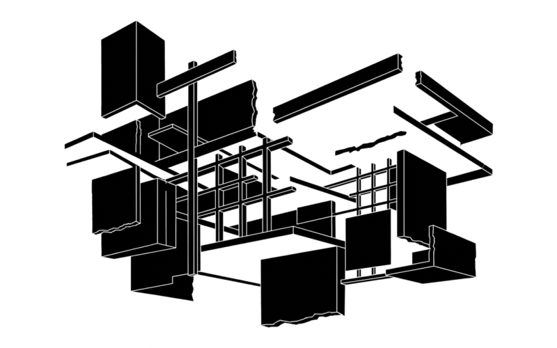 Estructura fragmentada e inestable de hormigón en blanco y negro