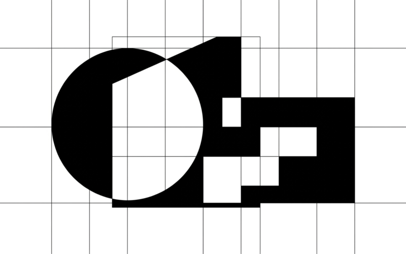 Composición abstracta en blanco y negro de pabellones de una bienal de arte