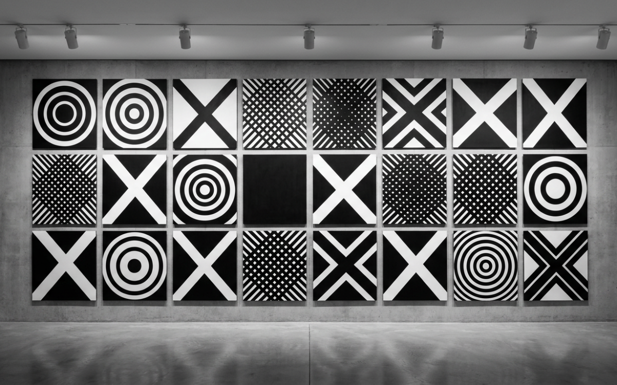 Composición Swiss style blanco y negro sobre arte contemporáneo